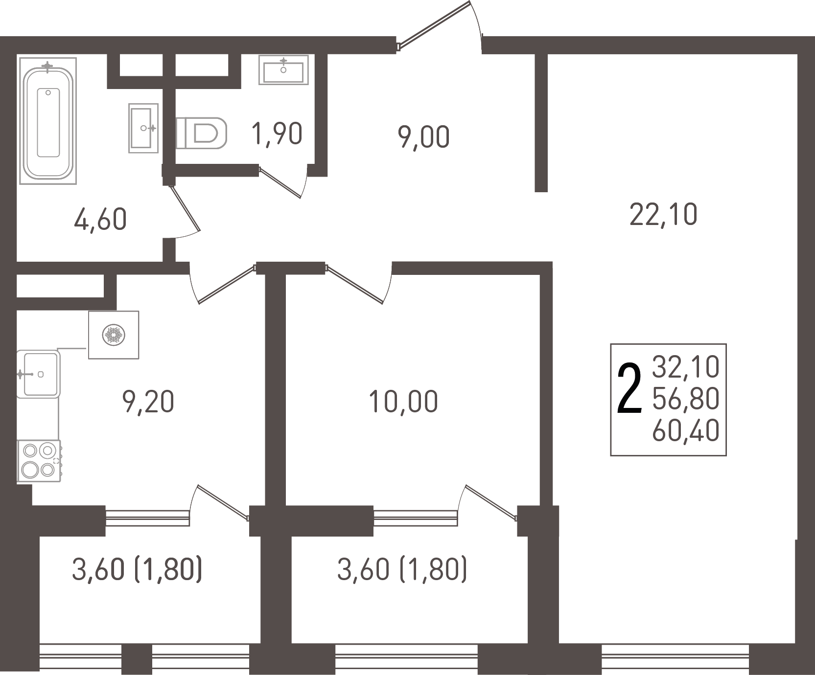 2-комнатная 67 м2 в ЖК Югге корпус null этаж 5