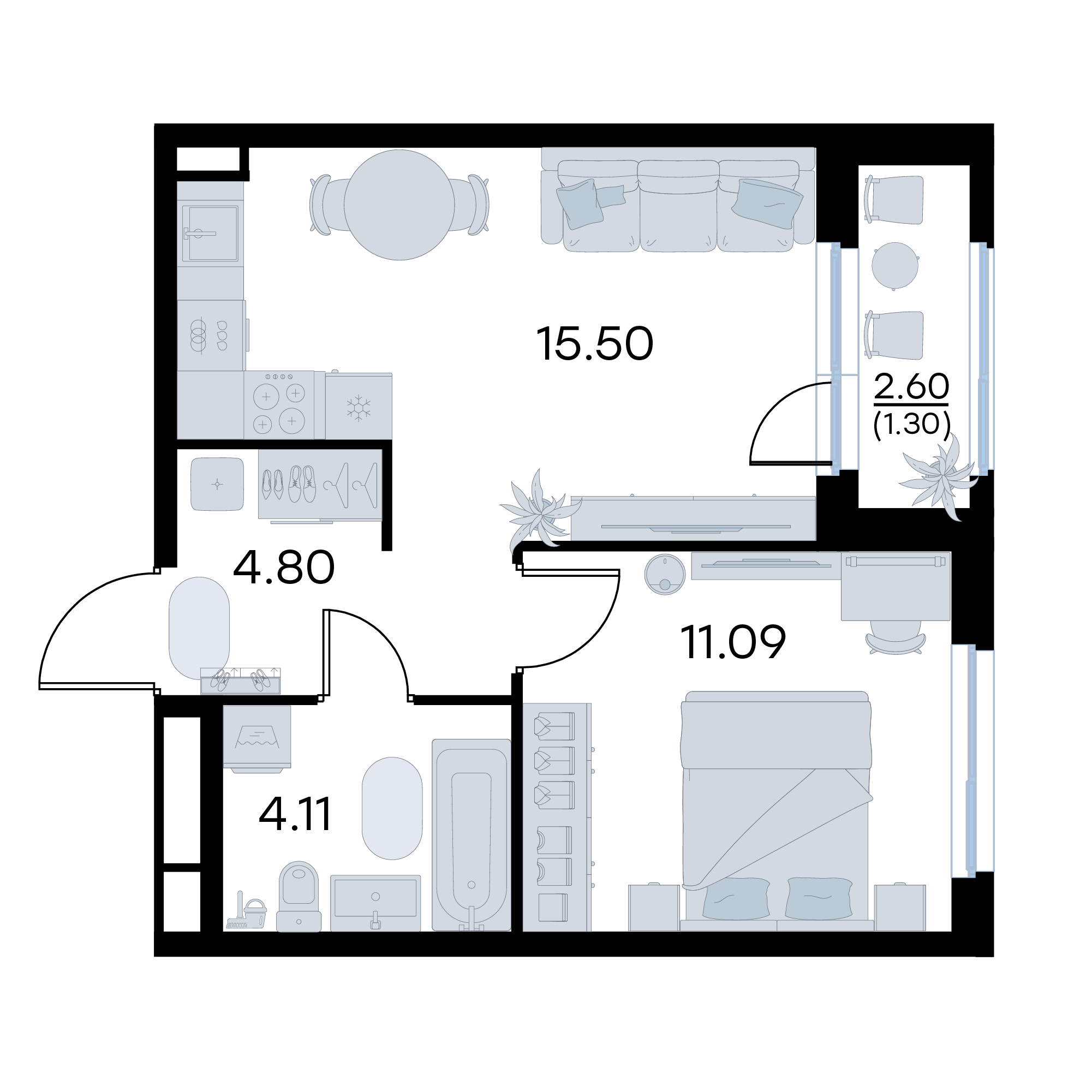 1-комнатная 36 м2 в ЖК GloraX Октябрьский корпус null этаж 2