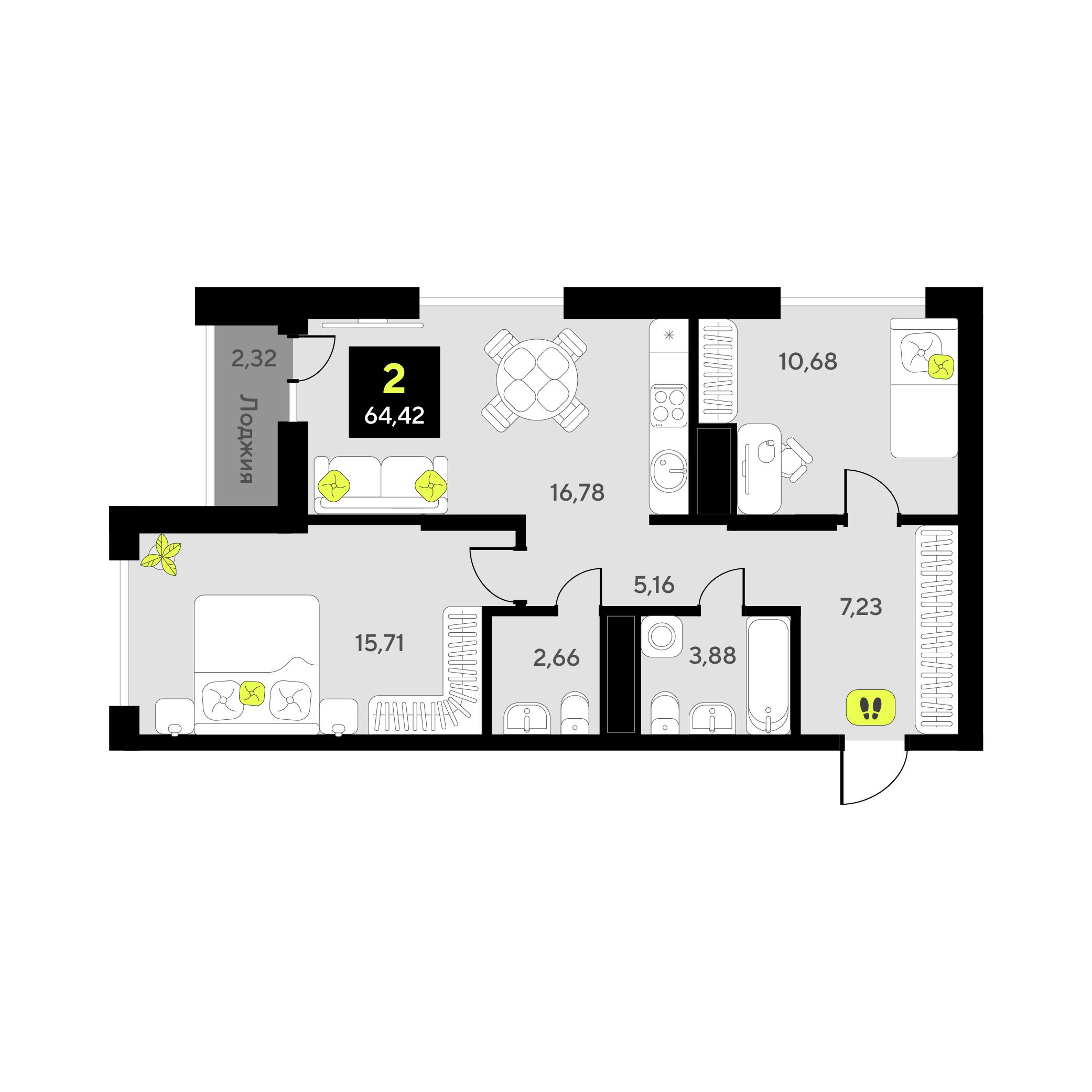 2-комнатная 64 м2 в ЖК Окинава корпус null этаж 9