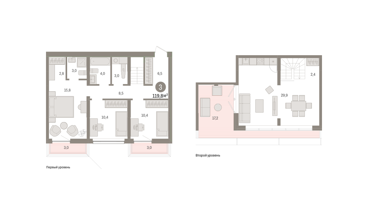 3-комнатная 119 м2 в ЖК Зарека корпус null этаж 5