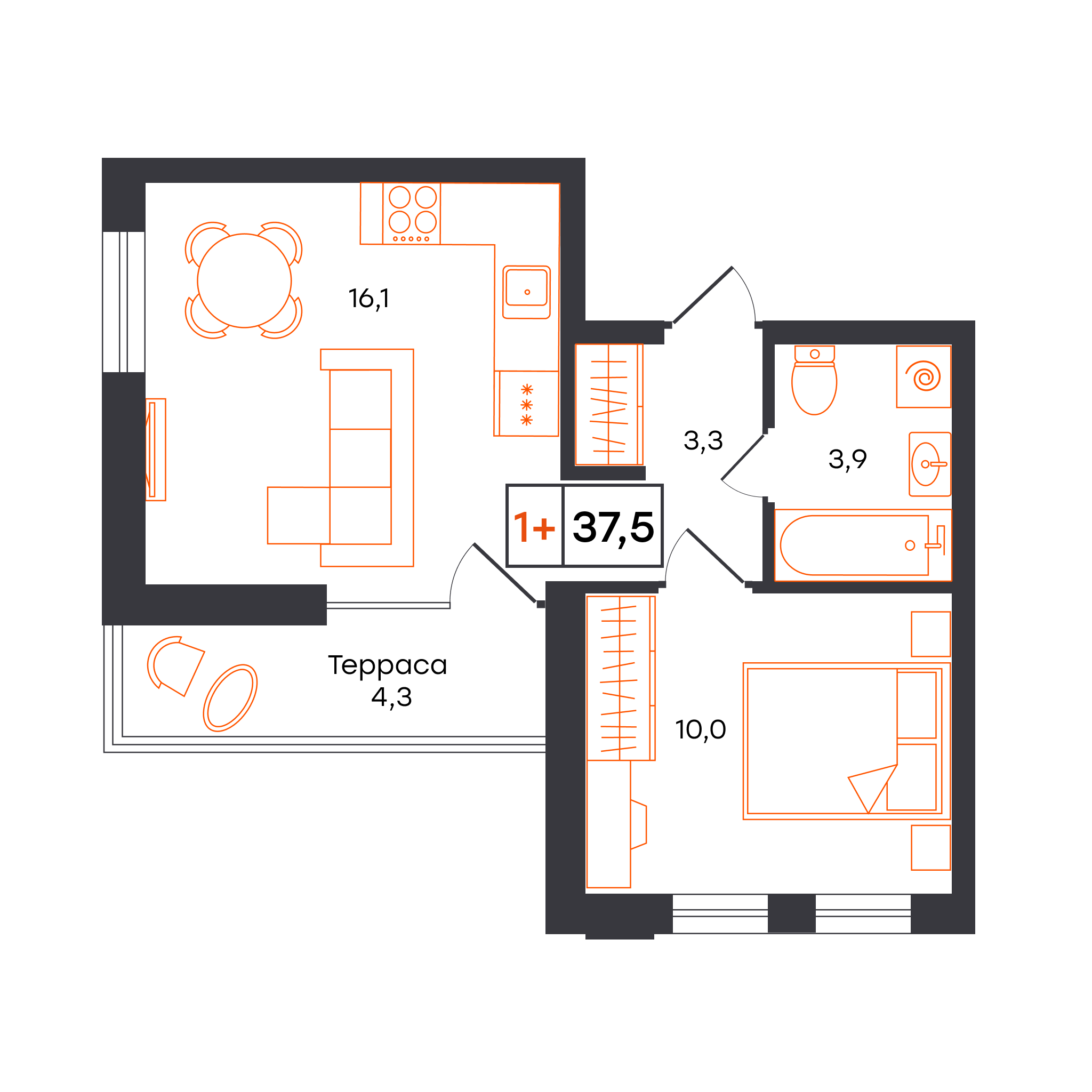 1-комнатная 37 м2 в ЖК УНО. Умный квартал корпус null этаж 17