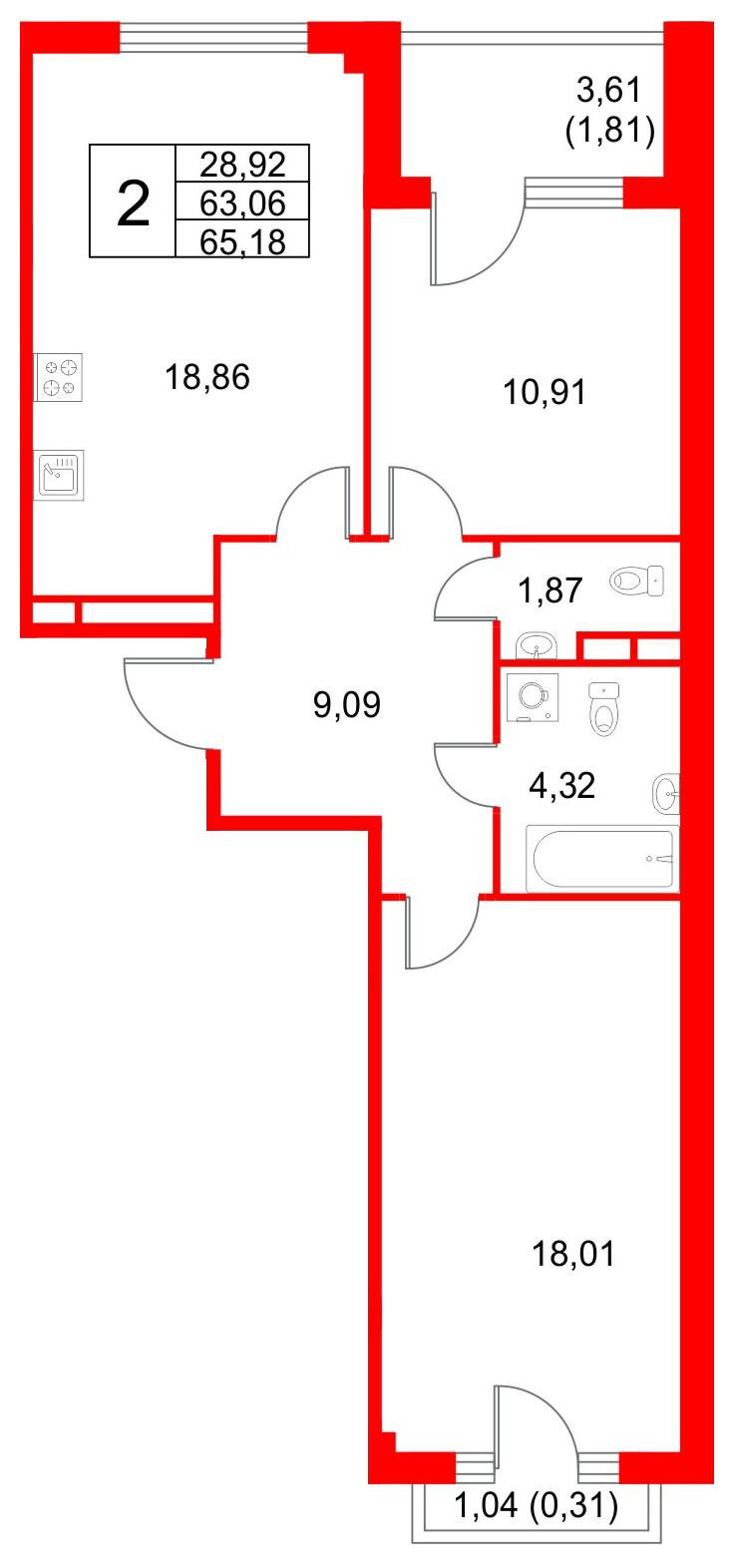 2-комнатная 65 м2 в ЖК Кронфорт. Центральный корпус null этаж 4
