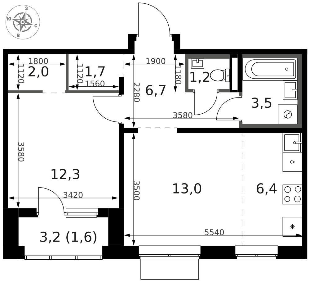 2-комнатная 49 м2 в ЖК 1-й Ясеневский корпус null этаж 12