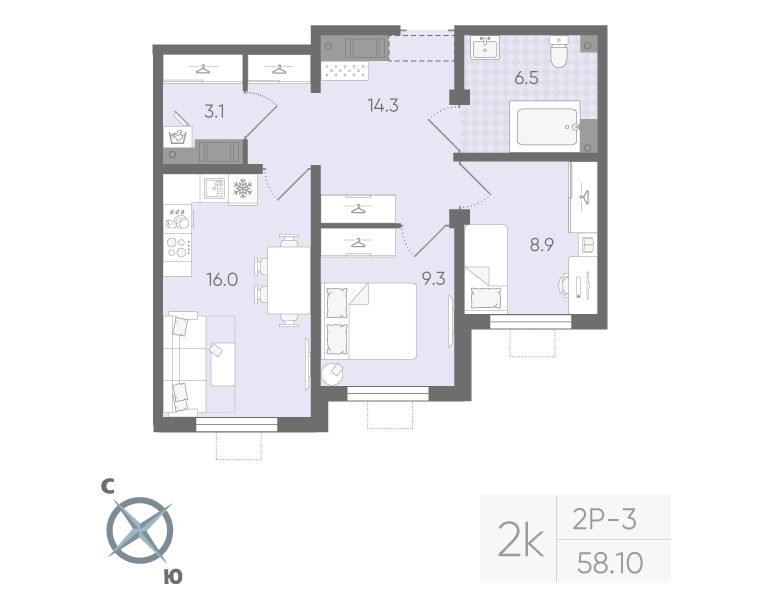 2-комнатная 58 м2 в ЖК Ручьи (2 оч.) корпус null этаж 3