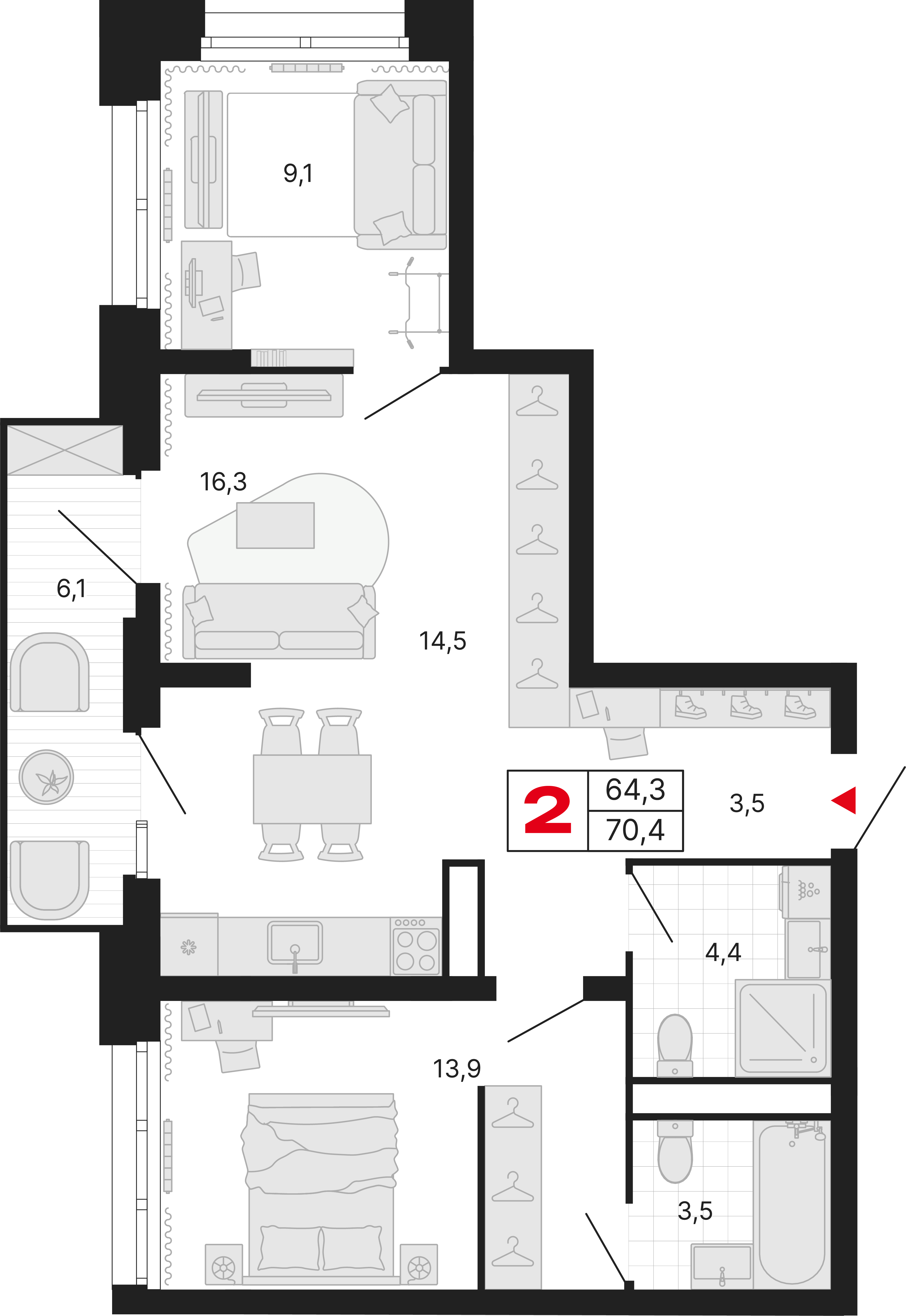 2-комнатная 70 м2 в ЖК Бестселлер корпус null этаж 4