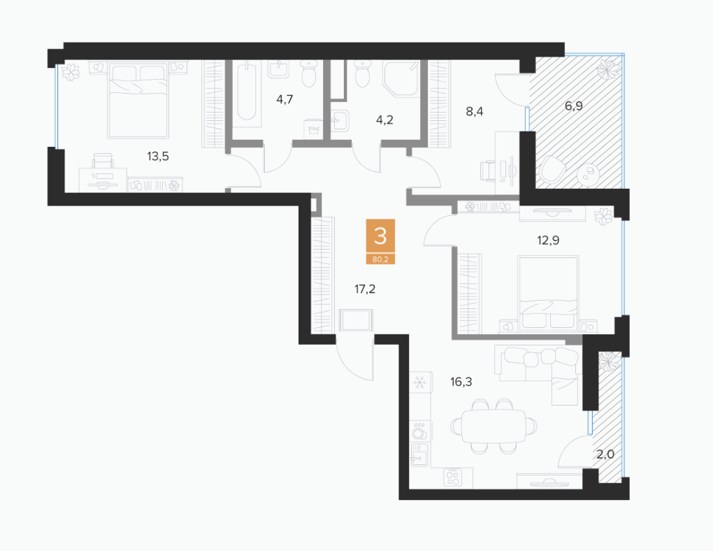 3-комнатная 80.2 м2 в ЖК undefined корпус null этаж 8