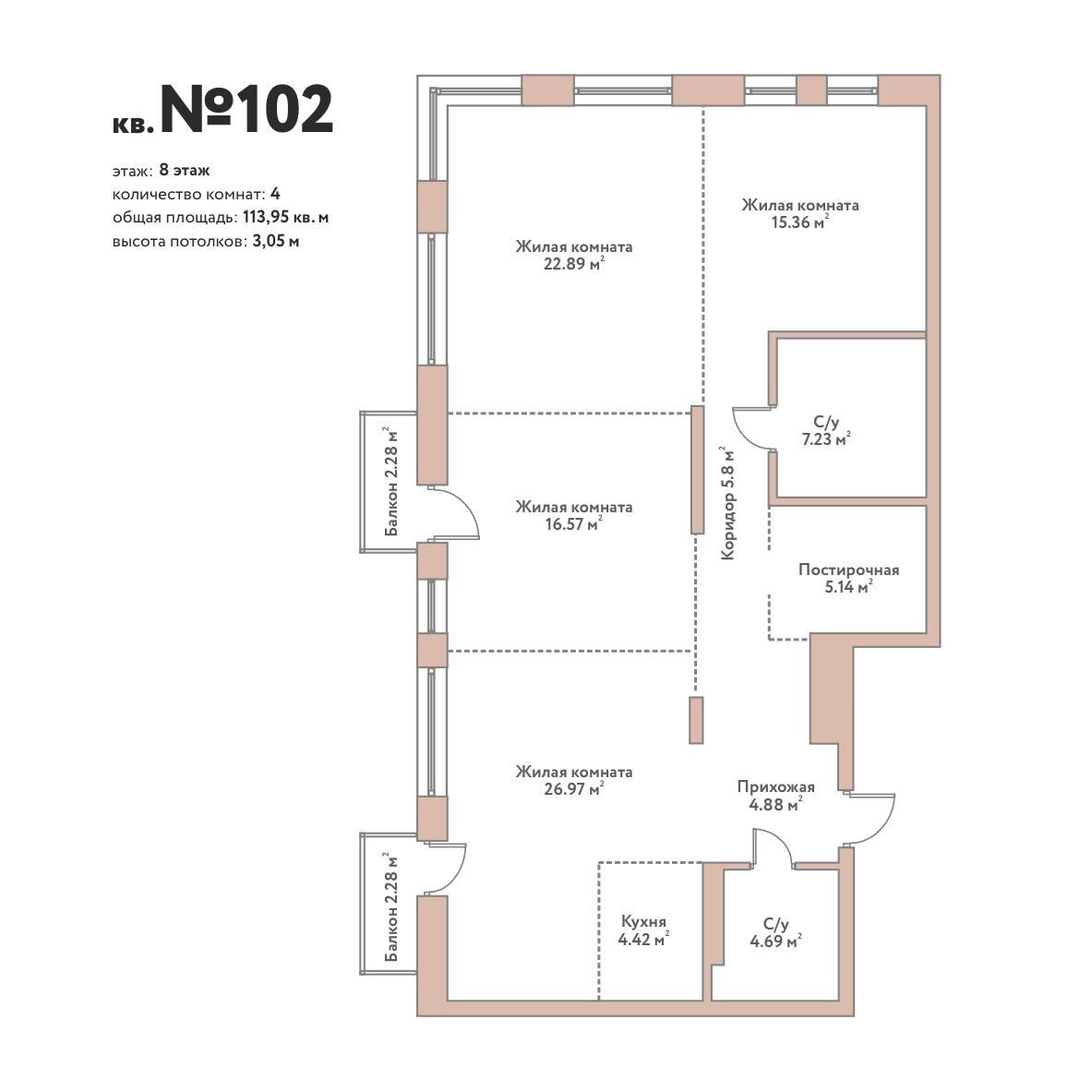 4-комнатная 113 м2 в ЖК Эко-квартал Flora&Fauna корпус null этаж 8