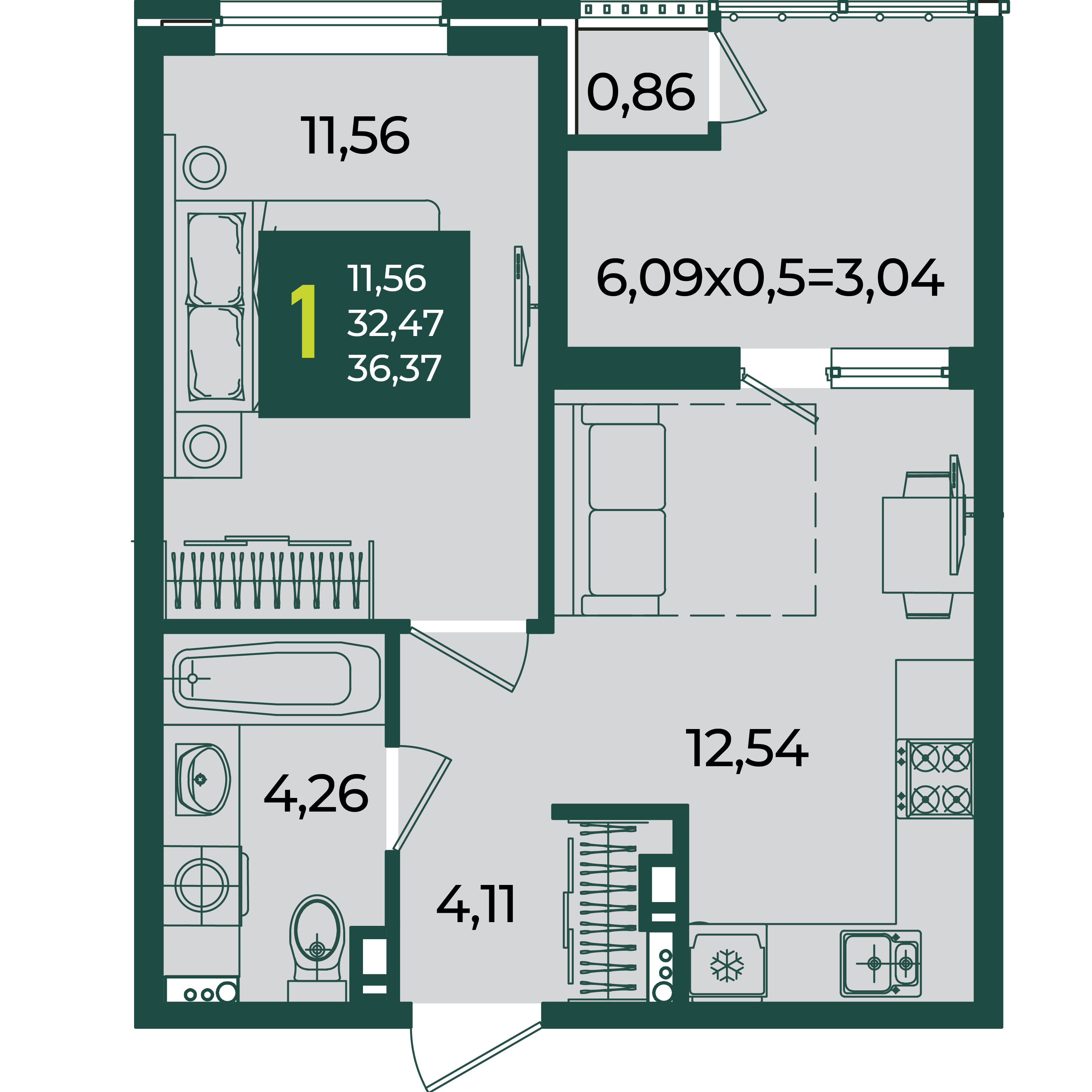 1-комнатная 36 м2 в ЖК Образцово корпус null этаж 14