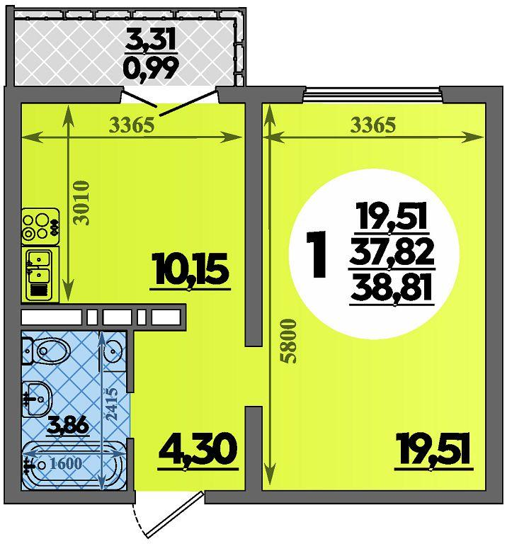 1-комнатная 38 м2 в ЖК Город у моря корпус null этаж 1