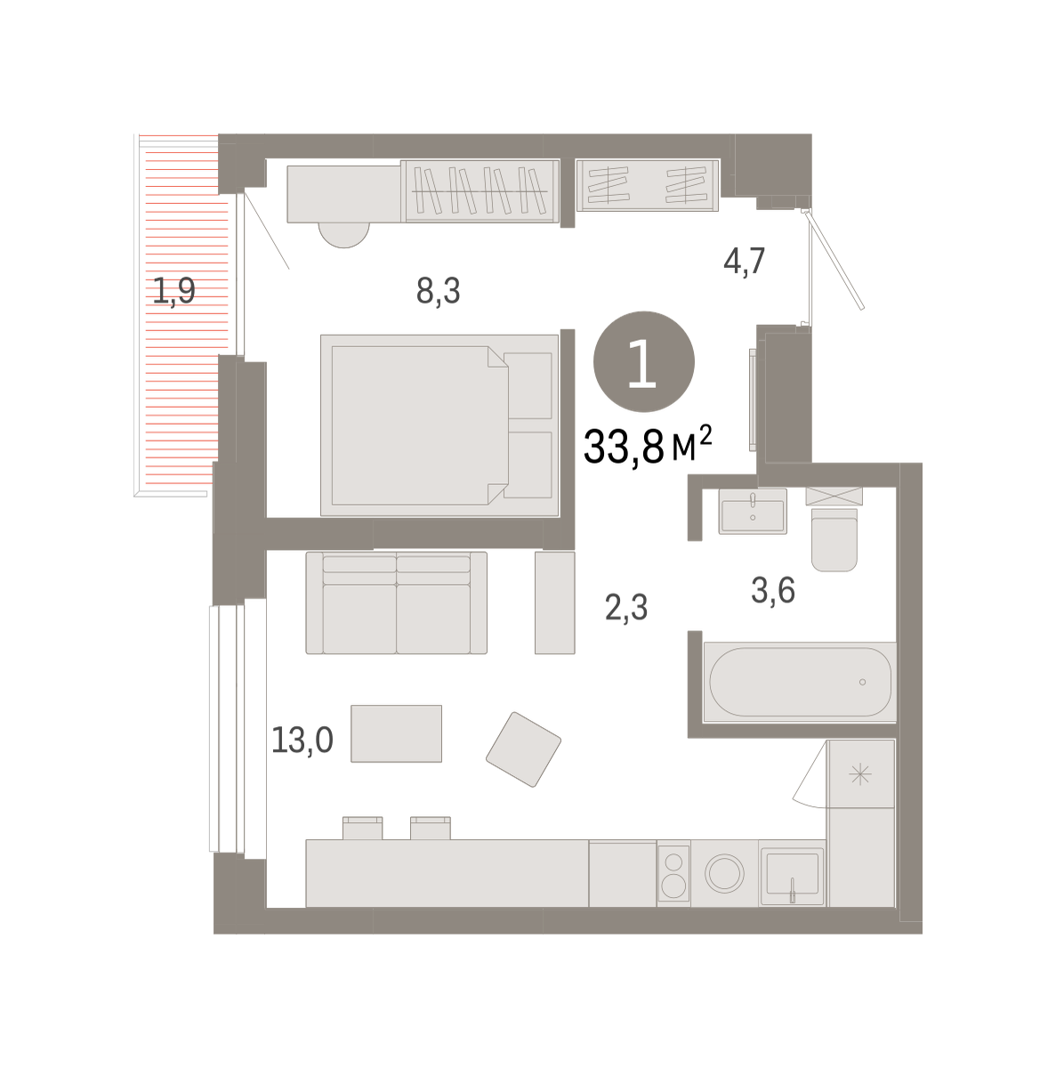 1-комнатная 33 м2 в ЖК Зарека корпус null этаж 9