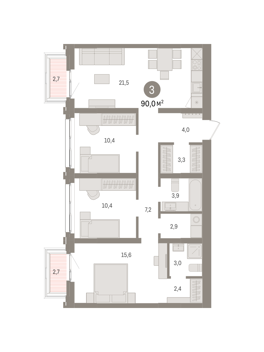 3-комнатная 90 м2 в ЖК Европейский берег корпус null этаж 4