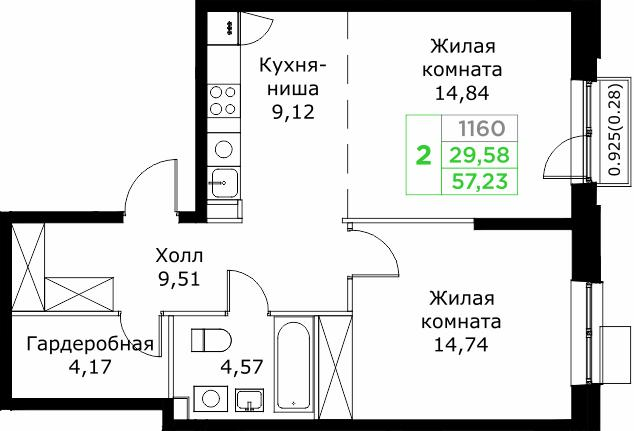 2-комнатная 56 м2 в ЖК Кит корпус null этаж 17