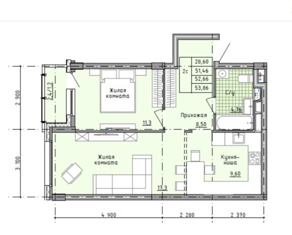 2-комнатная 53.9 м2 в ЖК undefined корпус null этаж 2