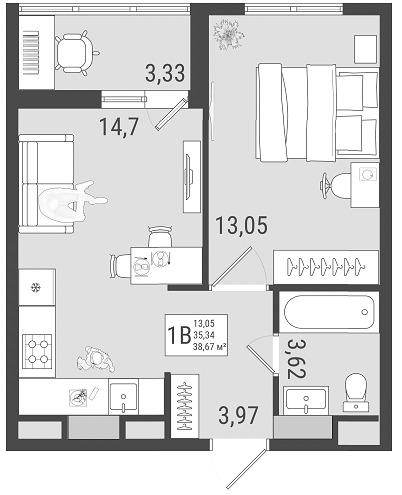 1-комнатная 37 м2 в ЖК Юго-Западный корпус null этаж 10