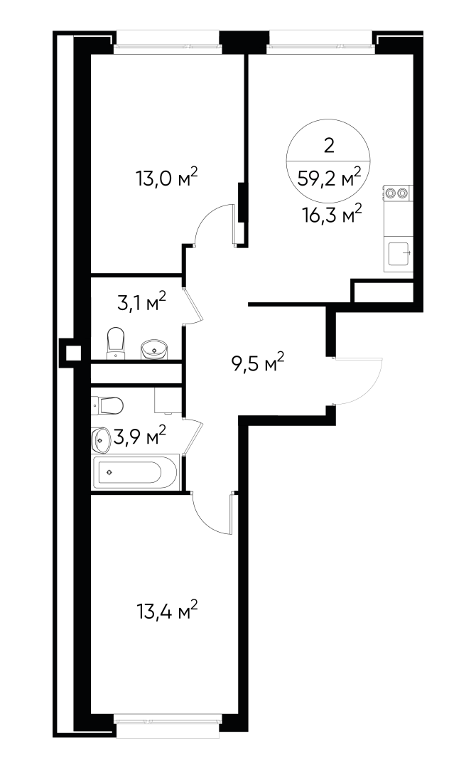 2-комнатная 59 м2 в ЖК Переделкино Ближнее корпус null этаж 2