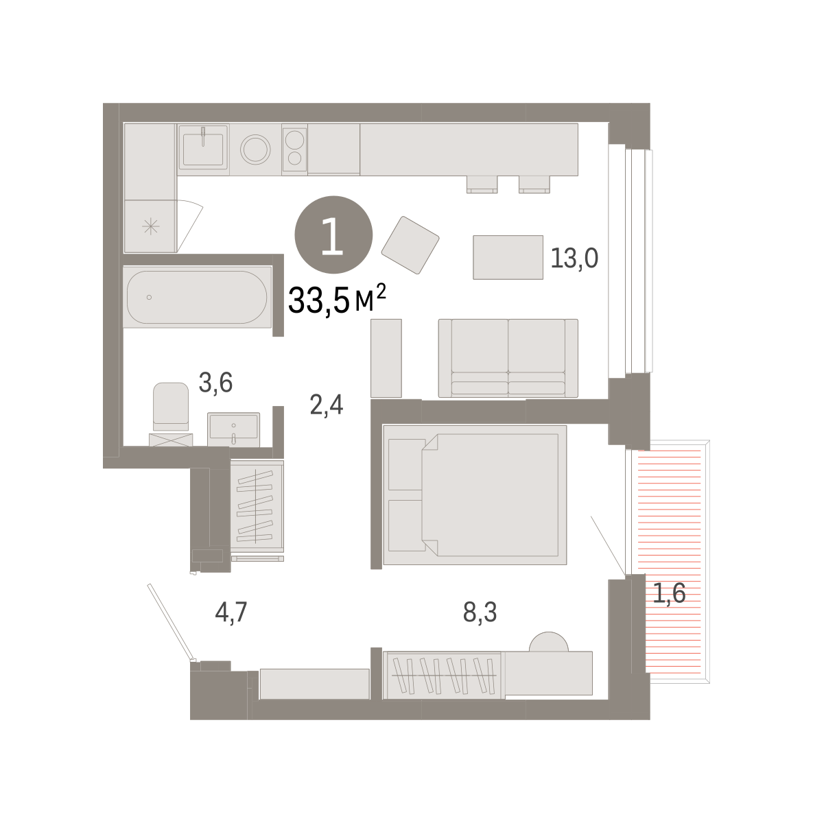 1-комнатная 33 м2 в ЖК Зарека корпус null этаж 19