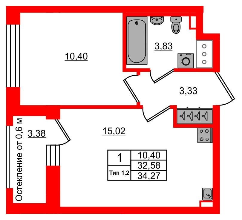 1-комнатная 32 м2 в ЖК Setl Ривьера корпус null этаж 7