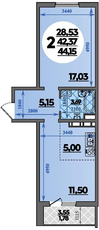 2-комнатная 44 м2 в ЖК Молодежный 2 корпус null этаж 3