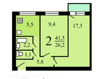 2-комнатная 41.3 м2 в ЖК undefined корпус null этаж 5