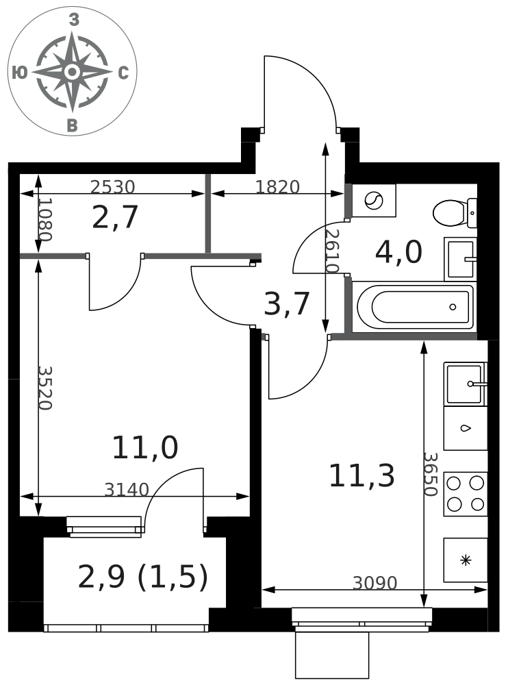 1-комнатная 34 м2 в ЖК 1-й Ясеневский корпус null этаж 6