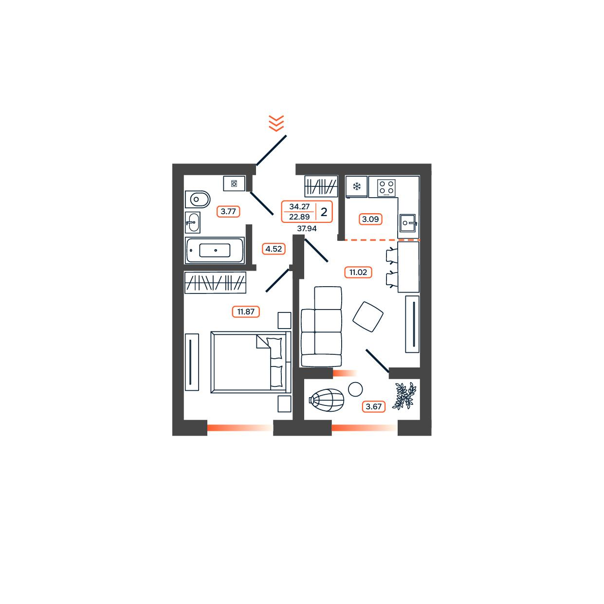 2-комнатная 37 м2 в ЖК Темп корпус null этаж 13