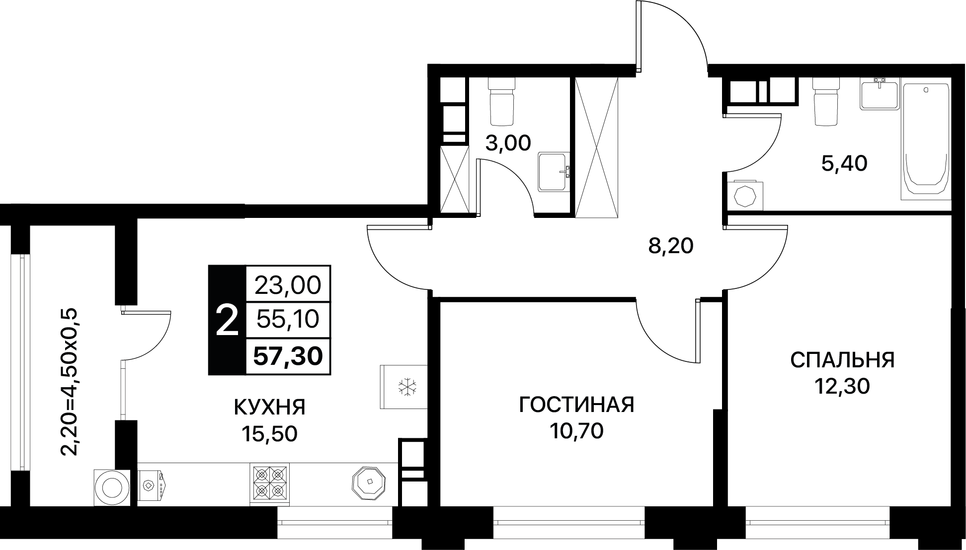 2-комнатная 57 м2 в ЖК Сияние корпус null этаж 7