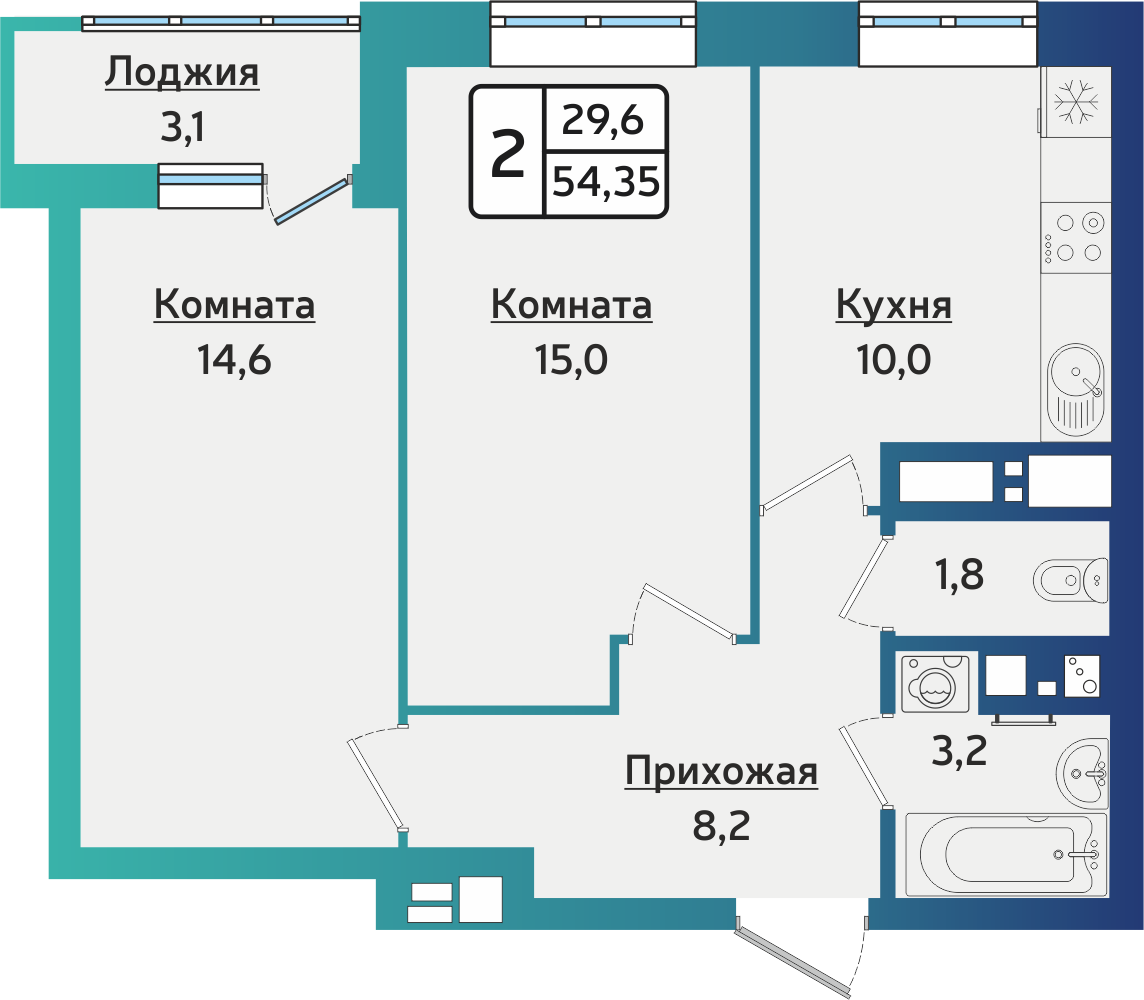 2-комнатная 54 м2 в ЖК Forest корпус null этаж 12