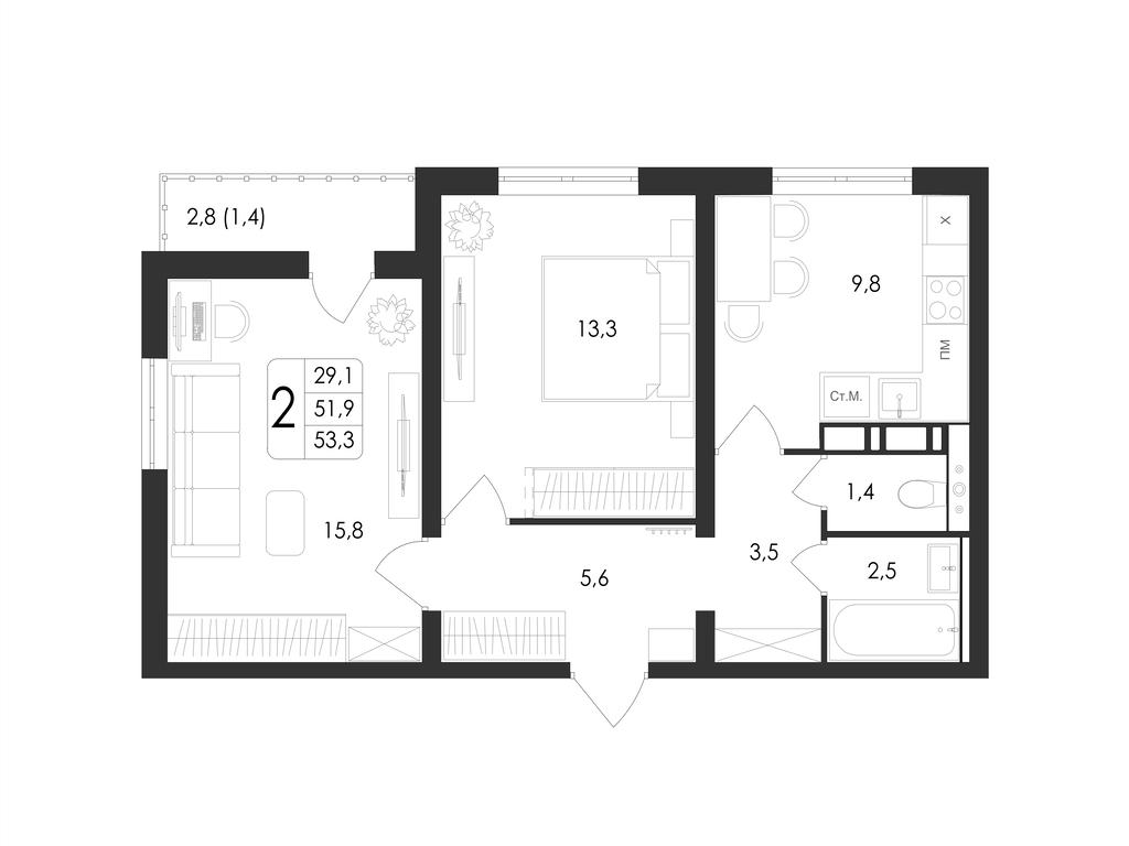 2-комнатная 53 м2 в ЖК Май корпус null этаж 14