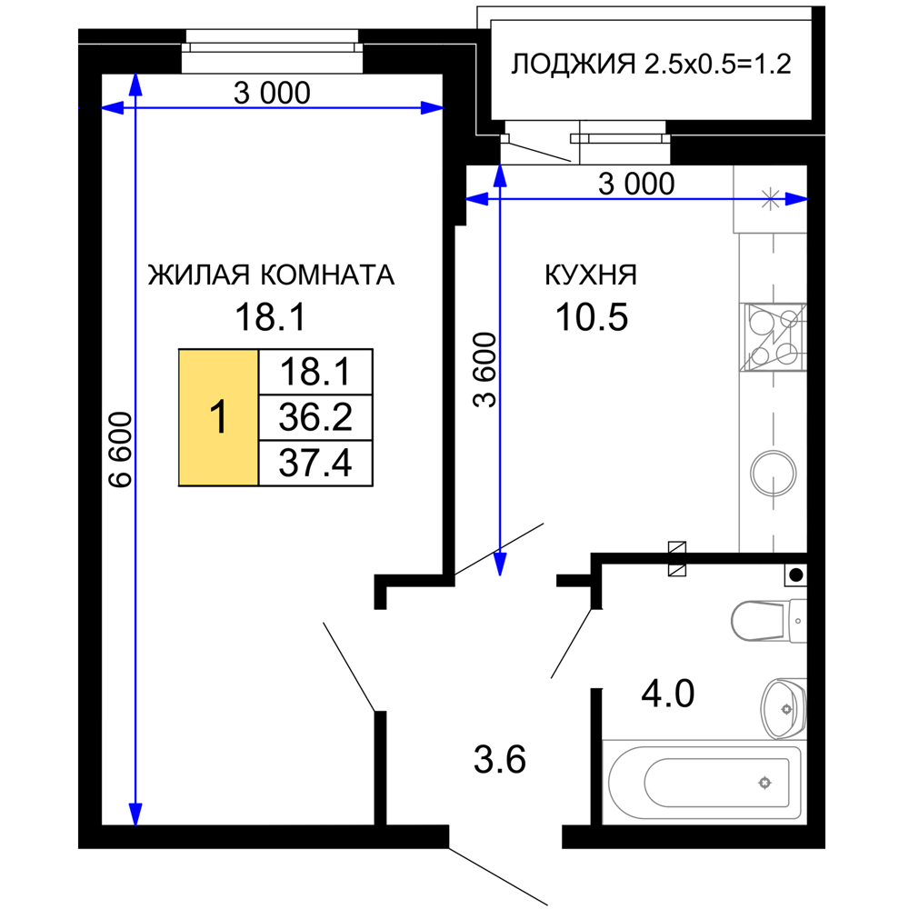 1-комнатная 37 м2 в ЖК Дыхание корпус null этаж 2