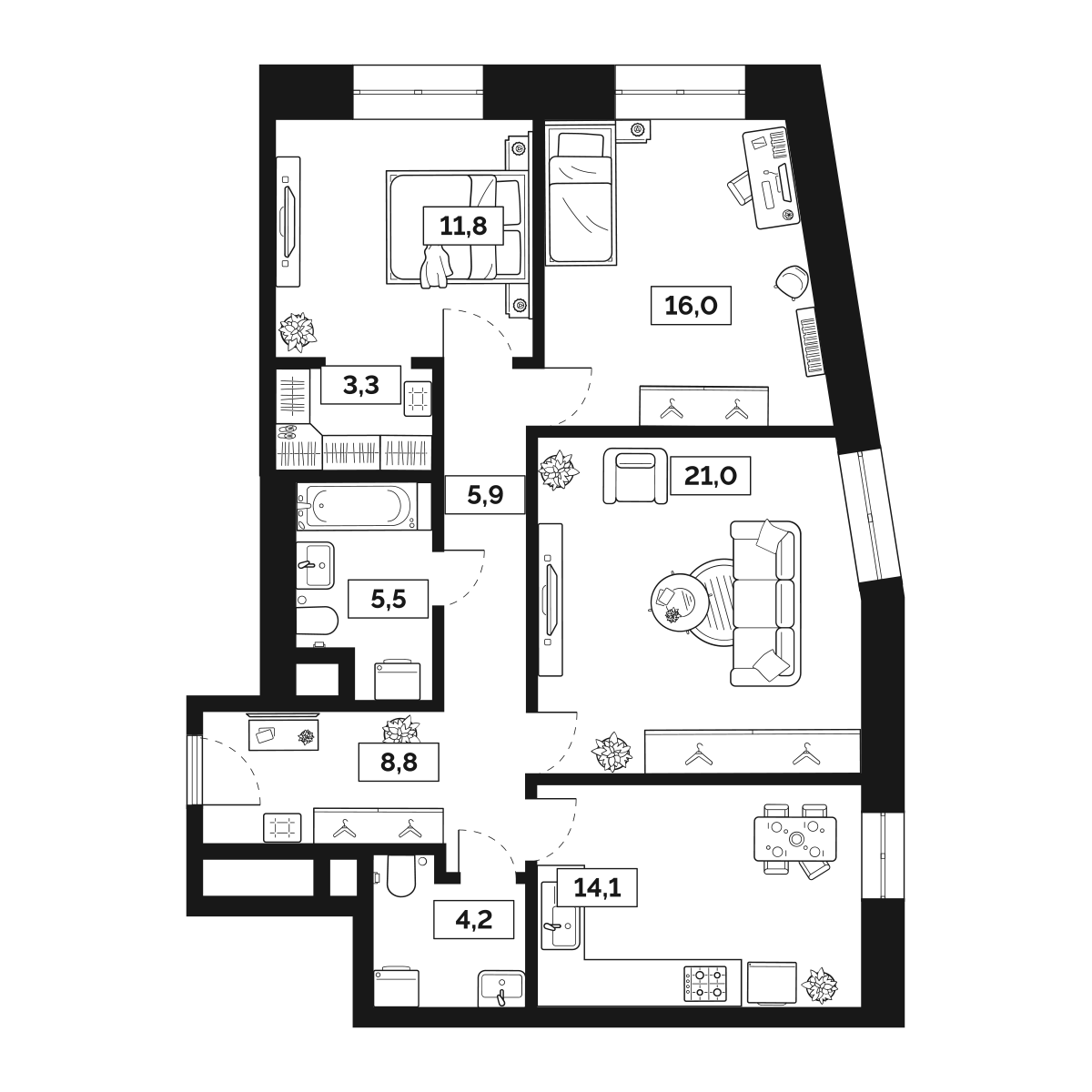 3-комнатная 90 м2 в ЖК Лайм корпус null этаж 2