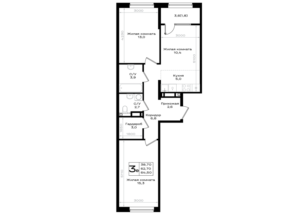 3-комнатная 64 м2 в ЖК Придонье корпус null этаж 6