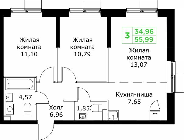 3-комнатная 56 м2 в ЖК Кит корпус null этаж 20