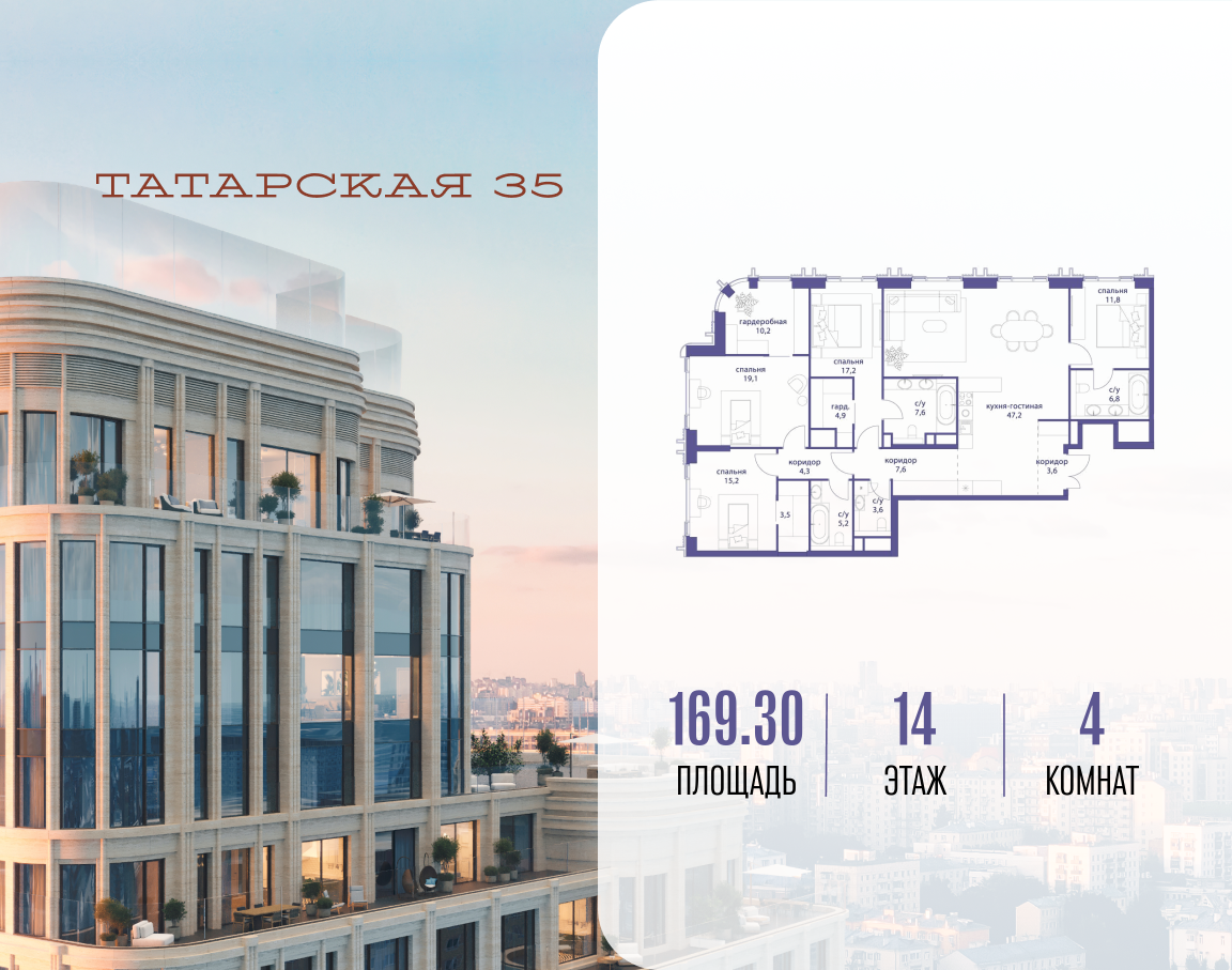 4-комнатная 169 м2 в ЖК Татарская 35 корпус null этаж 14