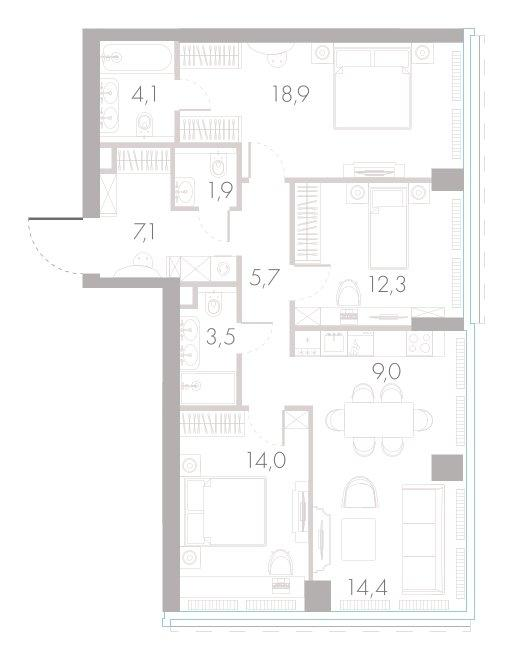 4-комнатная 90 м2 в ЖК River Park Towers Кутузовский корпус null этаж 14
