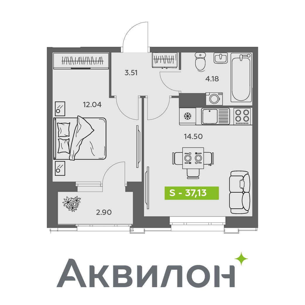 Студия 37 м2 в ЖК Аквилон АКВАРТАЛ корпус null этаж 4