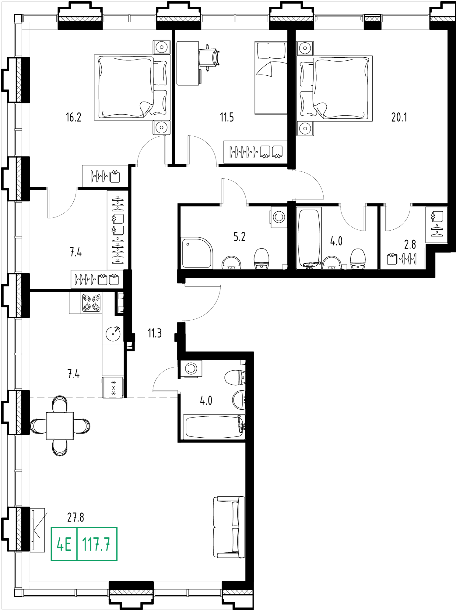 4-комнатная 117 м2 в ЖК Skolkovo One корпус null этаж 9