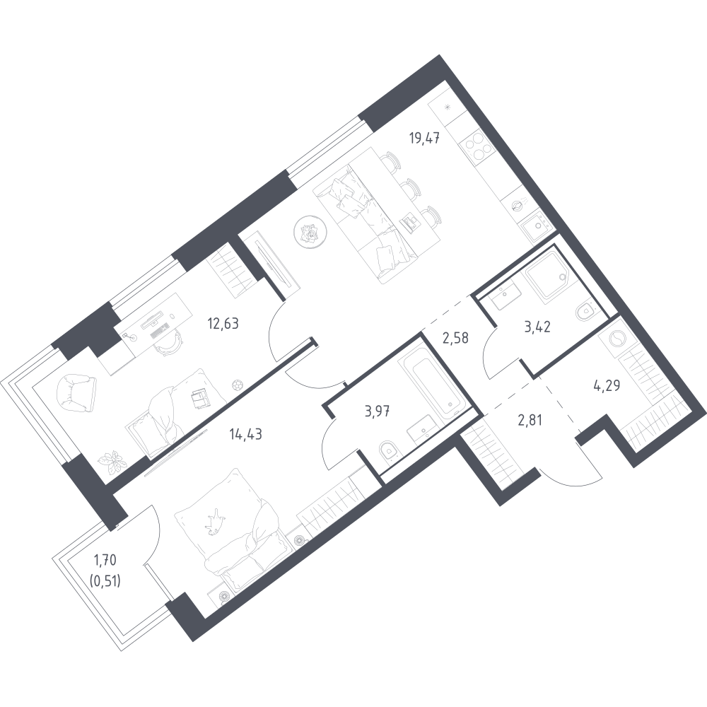 2-комнатная 64 м2 в ЖК Литературный Квартал корпус null этаж 9