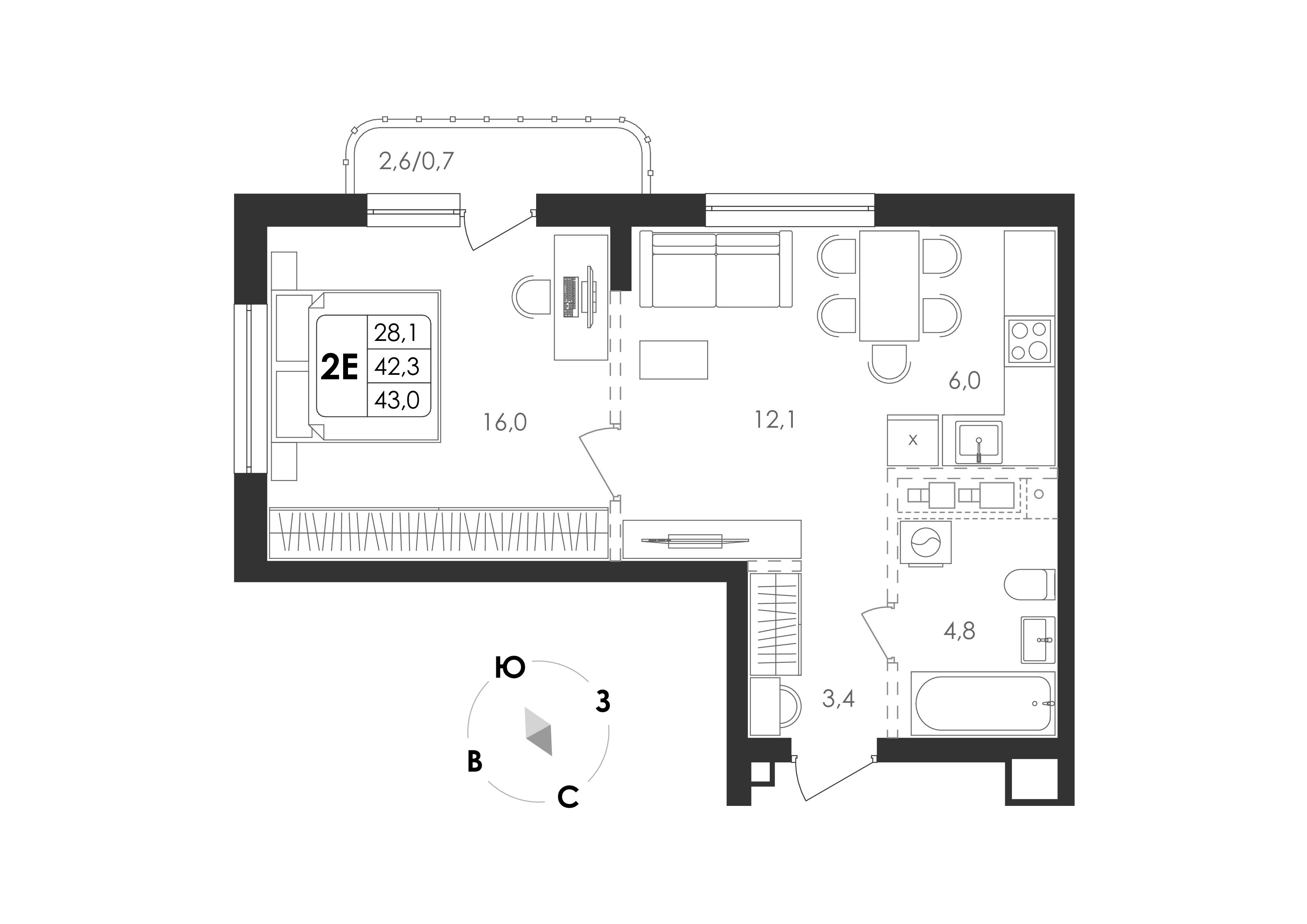 2-комнатная 43 м2 в ЖК Циолковский корпус null этаж 9