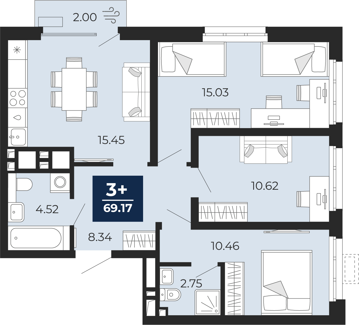 3-комнатная 67 м2 в ЖК Беринг корпус null этаж 5