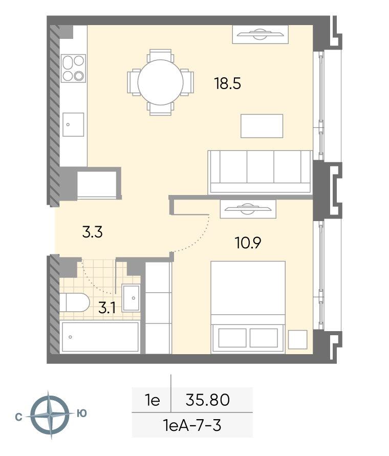 1-комнатная 36 м2 в ЖК Вейв корпус null этаж 3