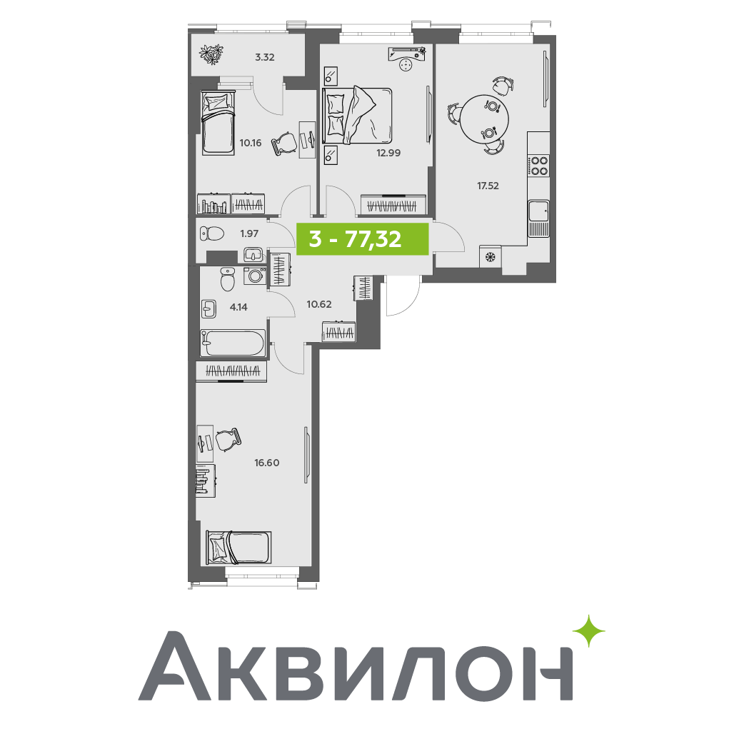 Студия 77 м2 в ЖК Аквилон АКВАРТАЛ корпус null этаж 7