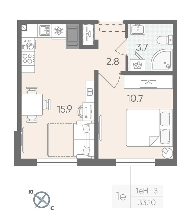 1-комнатная 33 м2 в ЖК Пейзажный квартал корпус null этаж 10