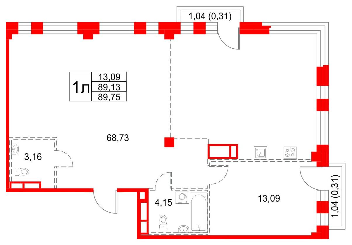 1-комнатная 89 м2 в ЖК Кронфорт. Центральный корпус null этаж 3