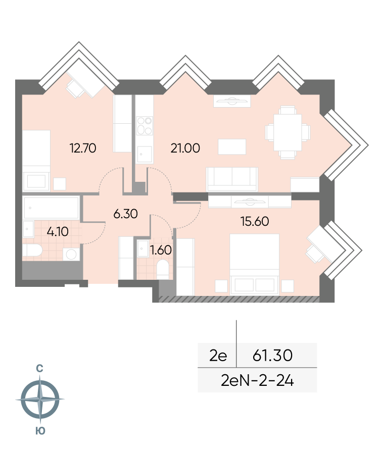 2-комнатная 61 м2 в ЖК Wave корпус null этаж 24