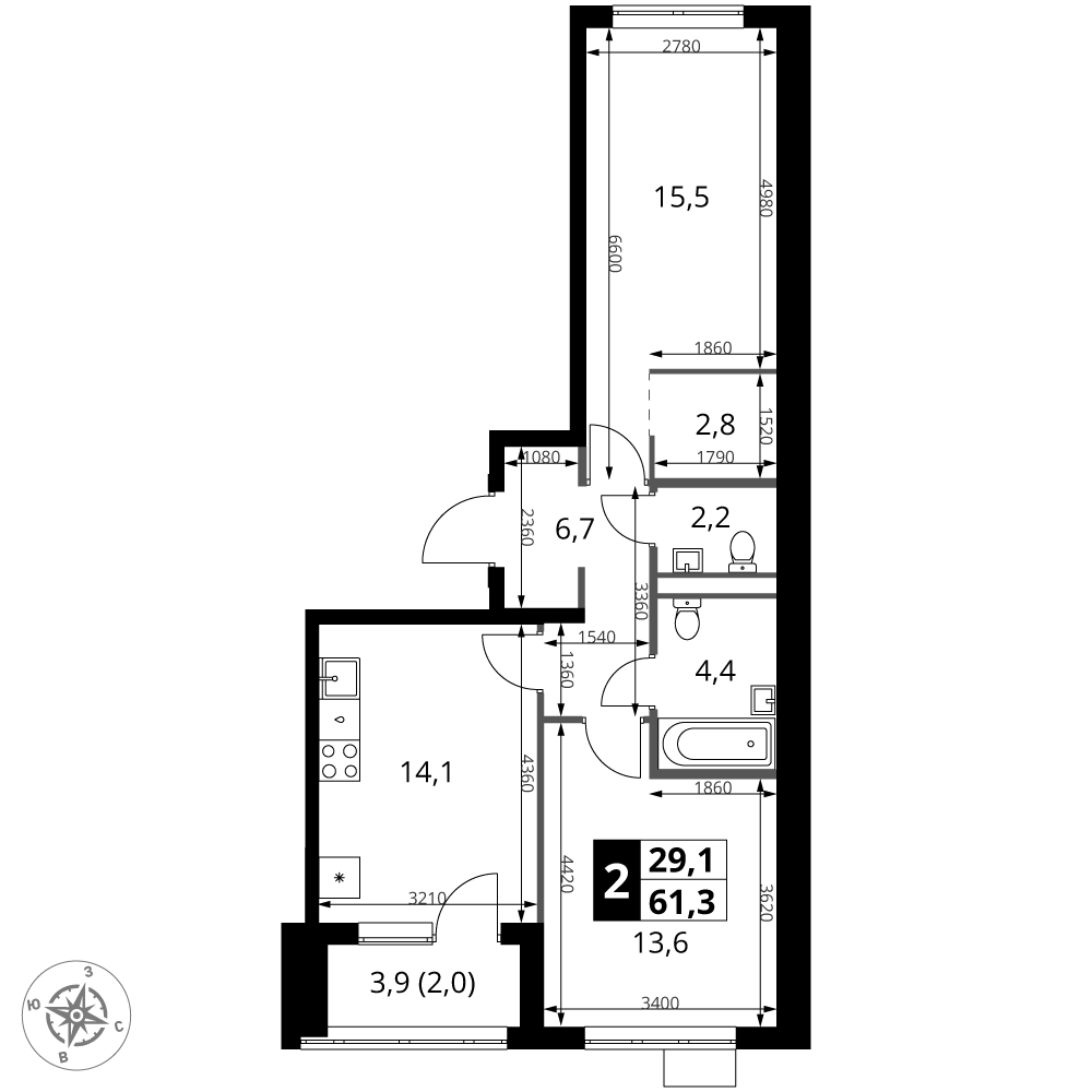 2-комнатная 61 м2 в ЖК 1-й Ясеневский корпус null этаж 3