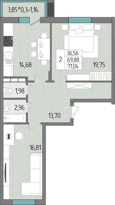 2-комнатная 71 м2 в ЖК Сады у моря корпус null этаж 7