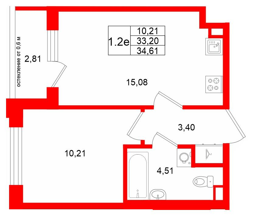 1-комнатная 33 м2 в ЖК Univer City корпус null этаж 2
