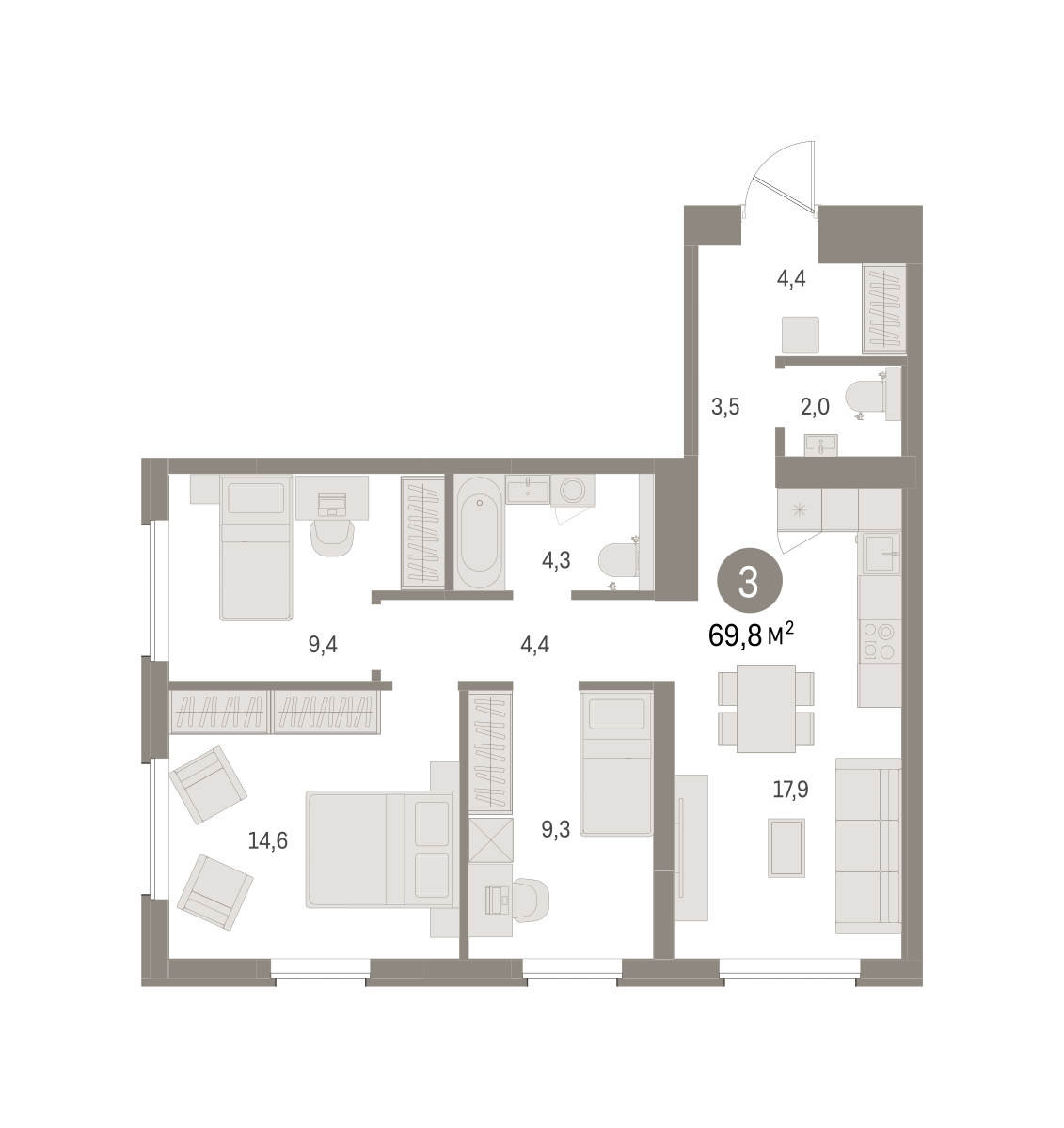 3-комнатная 69 м2 в ЖК Северный ветер корпус null этаж 7