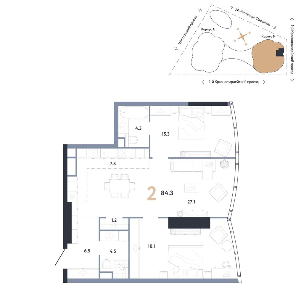 2-комнатная 84 м2 в ЖК АУРУС Резиденции корпус null этаж 22