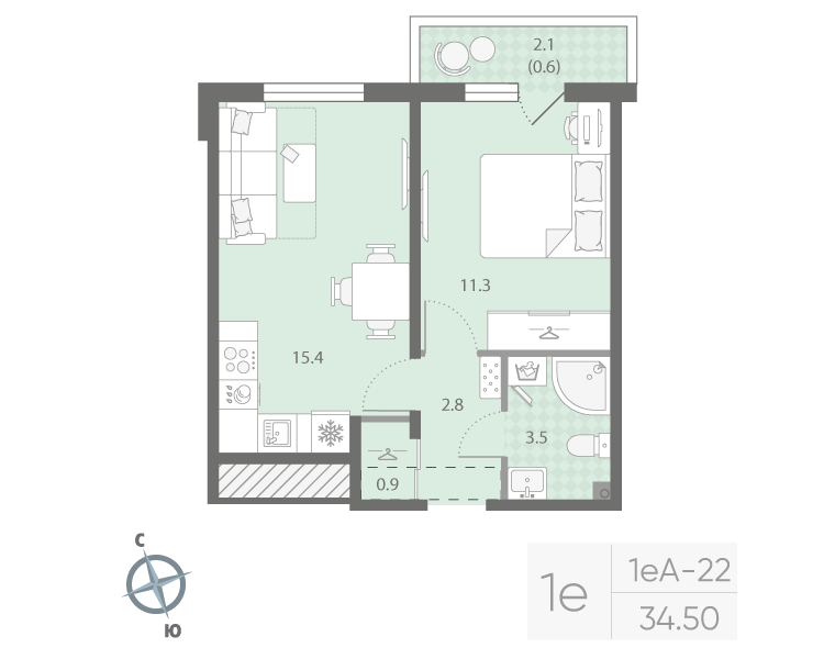 1-комнатная 34 м2 в ЖК Дыбенко Парк корпус null этаж 12